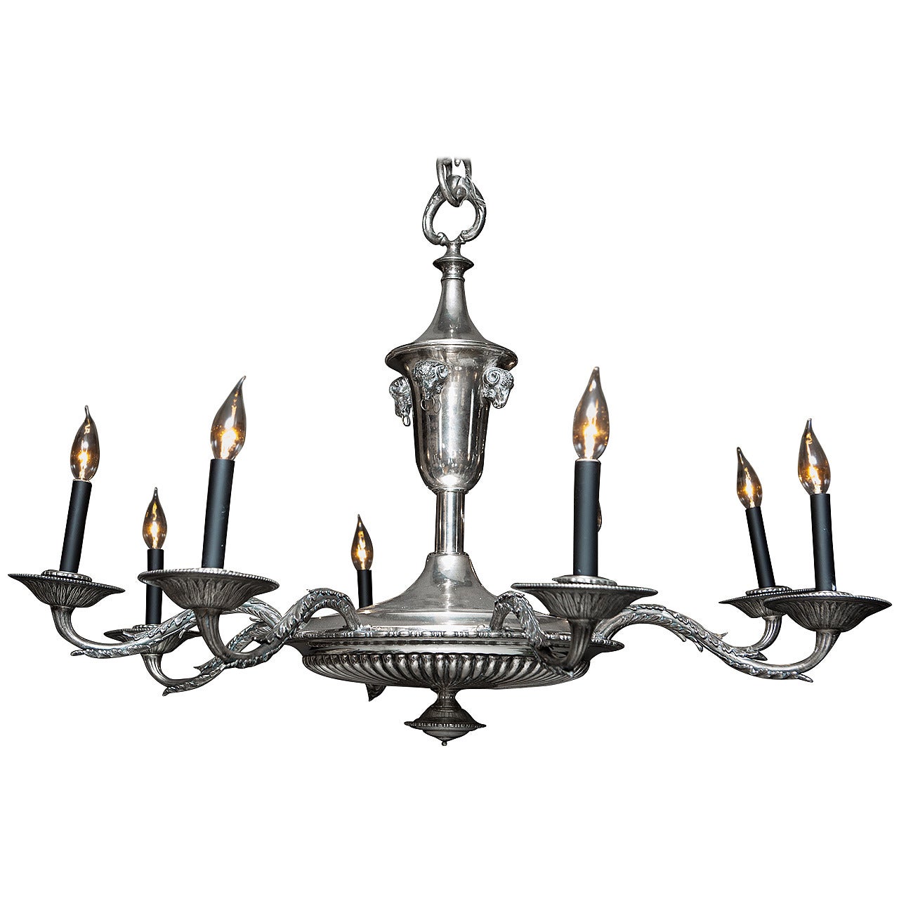 French Silver Plate Eight-Arm Chandelier with Ram's Head Detail For Sale