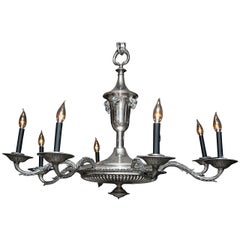 French Silver Plate Eight-Arm Chandelier with Ram's Head Detail