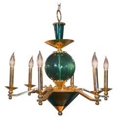 Mid-Century Six-Arm Green Glass Chandelier