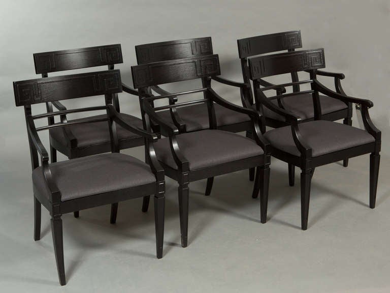 Beautiful set of 6 Mid-Century ebonized Klismos armchairs with carved Greek key design on inside chair back.
Seat depth - 18