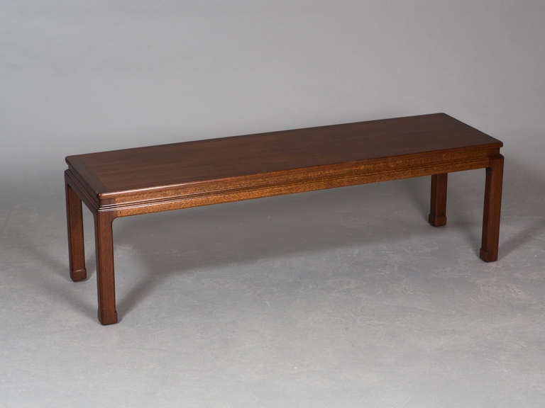 Mid-Century mahogany Dunbar coffee table with Asian detailing. Fully restored.