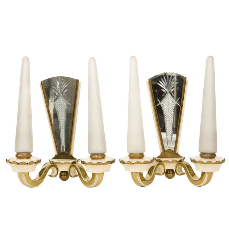 Pair of French 1940's enameled brass sconces with etched mirror backs and frosted swirled glass shades.