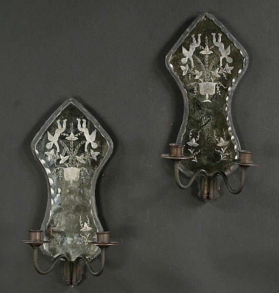 Chic pair of Venetian etched, antique, two-arm mirror sconces.