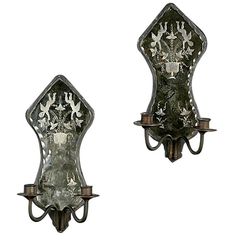 Pair of Etched Mirror Sconces For Sale