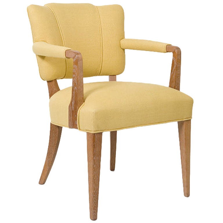 Cerused oak French Art Deco open armchair. Newly upholstered in yellow linen.<br />
Seat height - 19.25