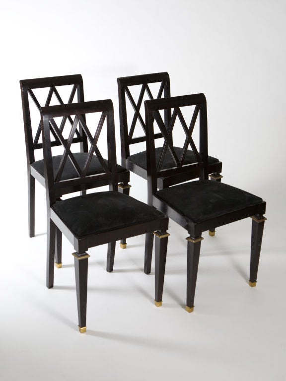 Set of four French Rothschild Neoclassical ebonized side chairs with 