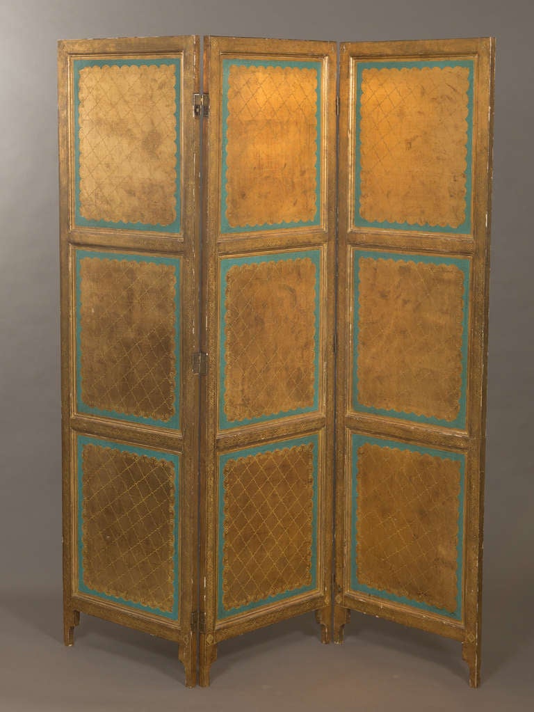 Wonderful gold and gilt screen with opposite side color reversal and hand tooled details throughout.
Each panel is 19.5