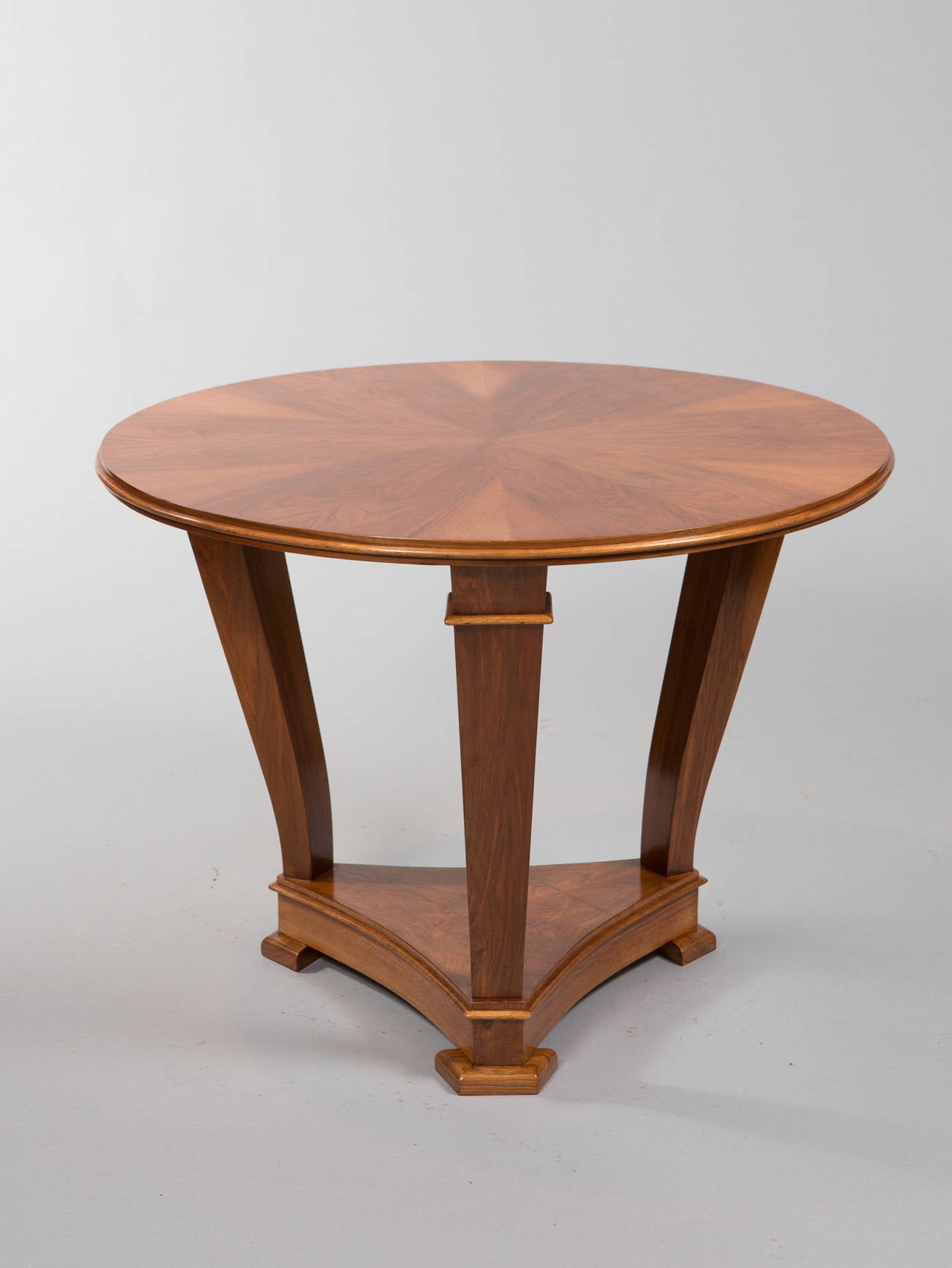Beautiful, inlaid starburst pattern, French center table with beveled edges sitting on a raised platform. Restored.
