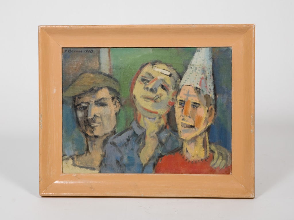1948 3 figure oil painting by the artist Robert Broner (1922-2010). Broner has pieces in the collections of the MOMA, Guggenheim, Metropolitian Musuem of Art, and other prominent museums.<br />
Panel measures 11