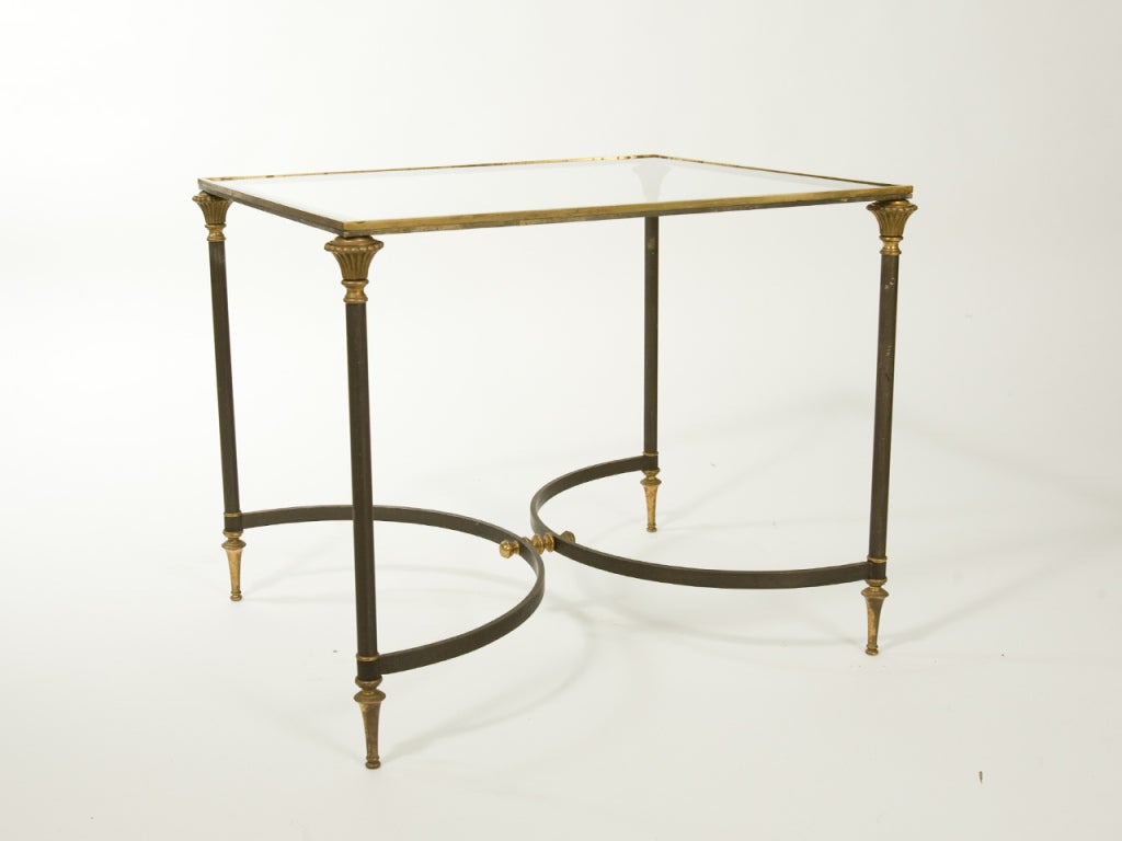 Steel and brass Neoclassical side table with glass top. Attributed to Maison Ramsay.