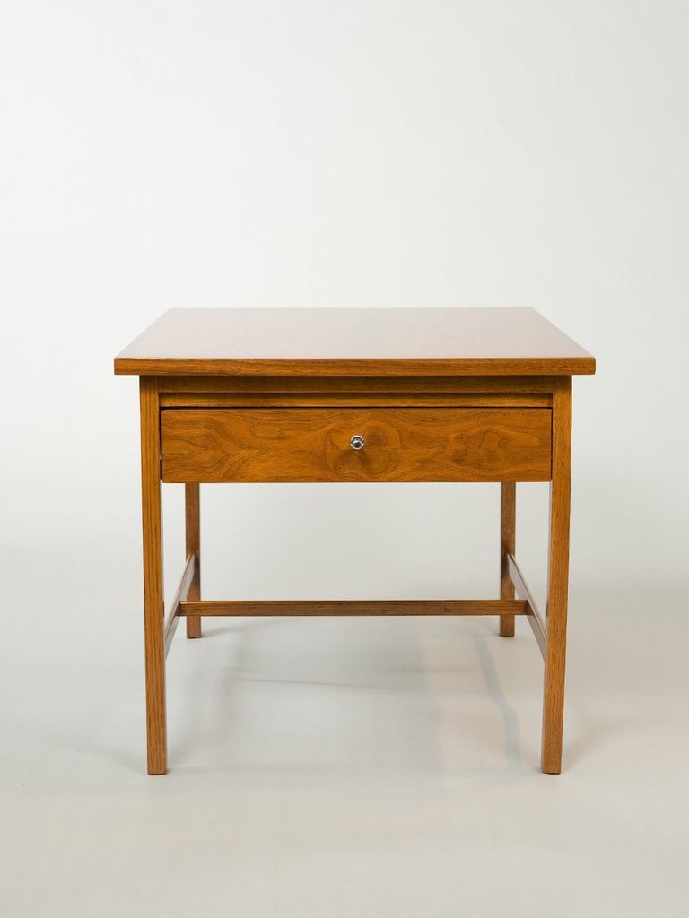 Architectural Mid-Century modern teak end table by Lane with one drawer. Fully restored. Excellent condition. 