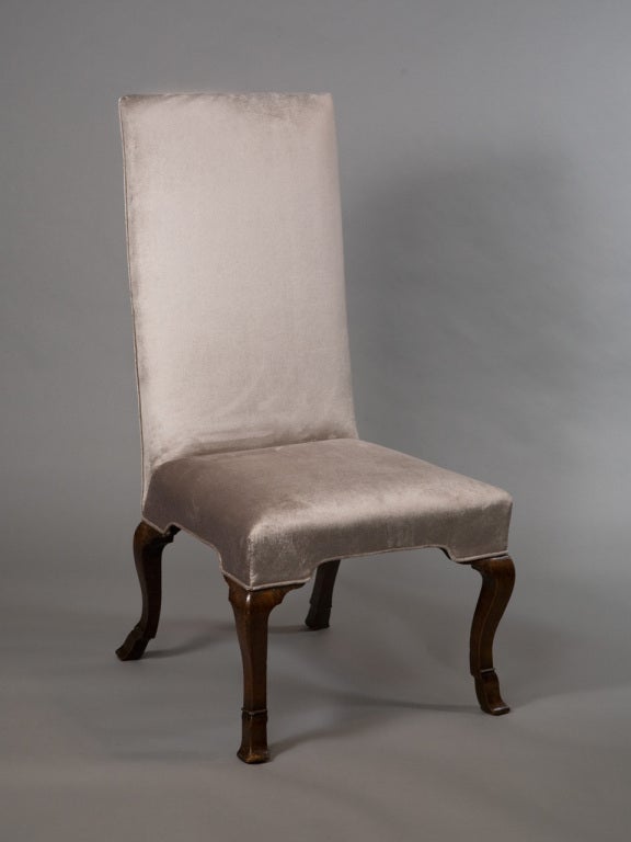 Pair of elegant mahogany slipper chairs newly upholstered in pale silver grey silk velvet.
Seat height - 17.75