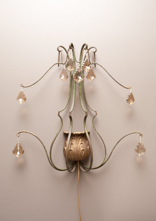 Patinated 1940's French Painted Metal Sconces with Crystals For Sale