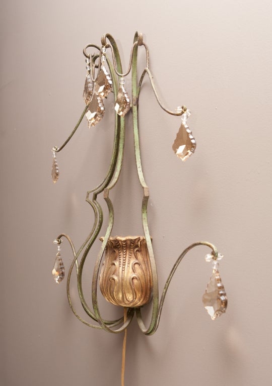 Mid-20th Century 1940's French Painted Metal Sconces with Crystals For Sale