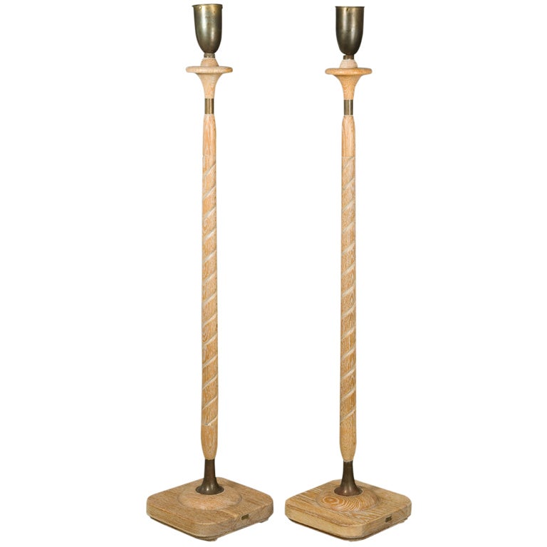 Pair of Cerused Oak Floor Lamps Attributed to Russel Wright