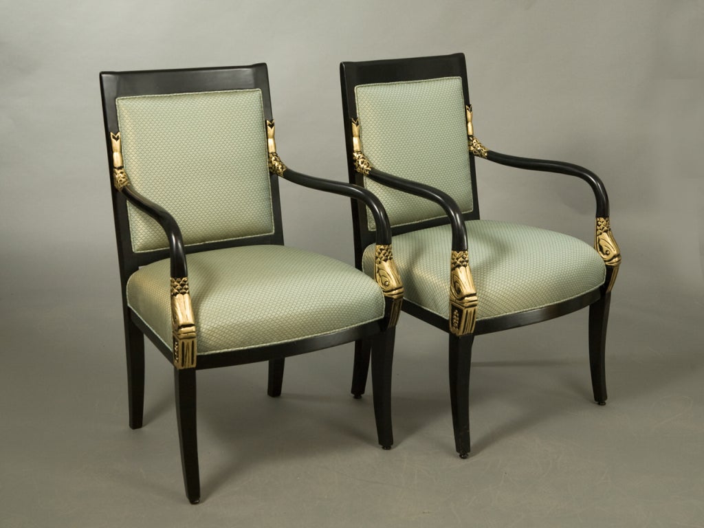 Pair of Empire Style Ebonized and Parcel Gilt Open Armchairs