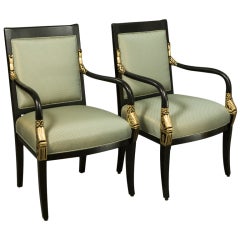 Pair of Empire Style Ebonized and Parcel Gilt Open Armchairs