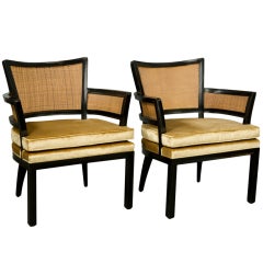 Pair of Ebonized and Cane Open Armchairs Attributed to Probber