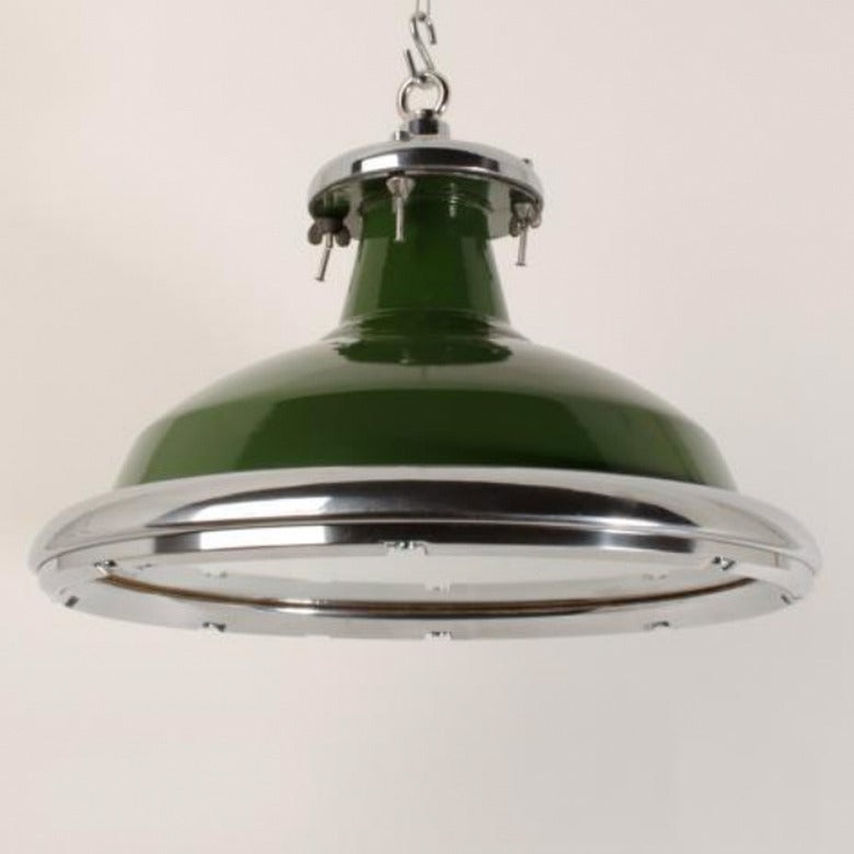 These are handpicked vintage pendants which are originally from military facilities in Wales, UK. These fixtures were actually made to be bombproof by the lighting manufacturer who produced them. Produced with heavy cast-aluminium ring holding an