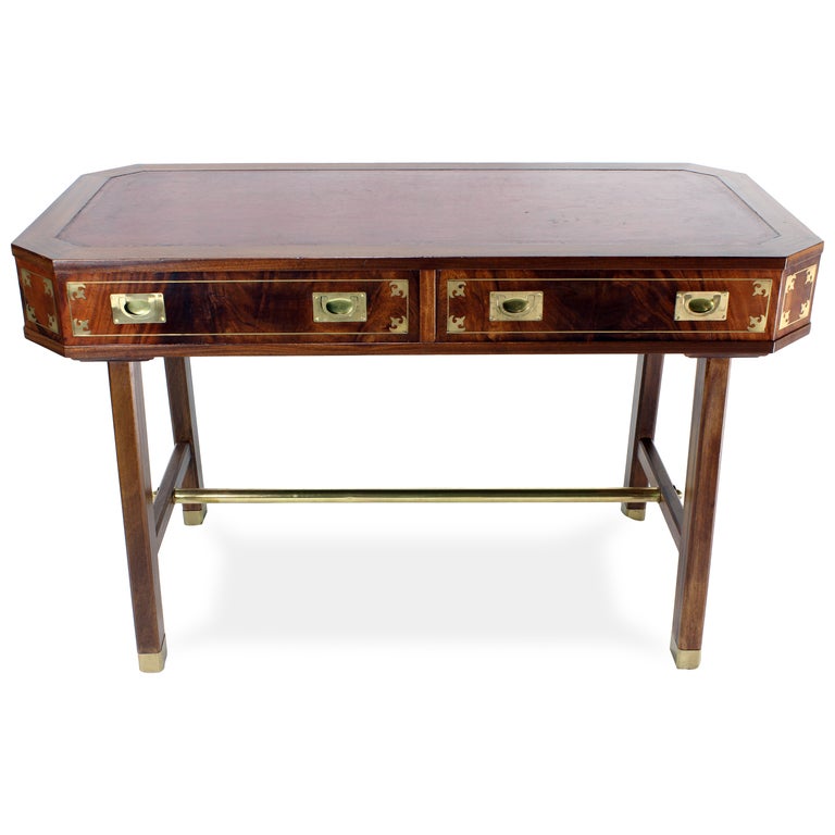 English Campaign Faux Partners Desk with Brass Inlay