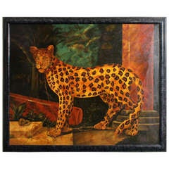 Vintage Large Oil on Canvas Painting of a Leopard