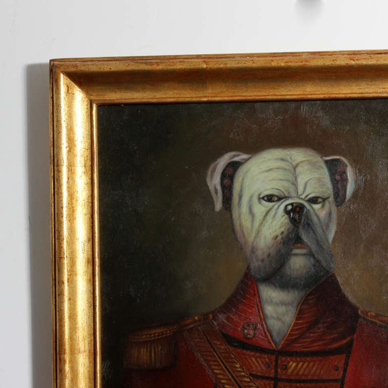 A whimsical oil on canvas painting of a boxer in an antique soldiers uniform, labeled in brass, Inspector General. giltwood frame.

 