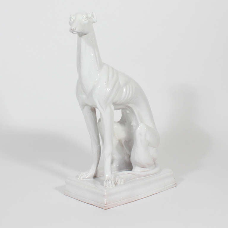 Majolica Terracotta Italian Greyhound Dog, on a Plinth Base