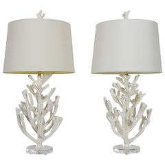 Pair of Faux Coral Custom Table Lamps on Lucite Bases