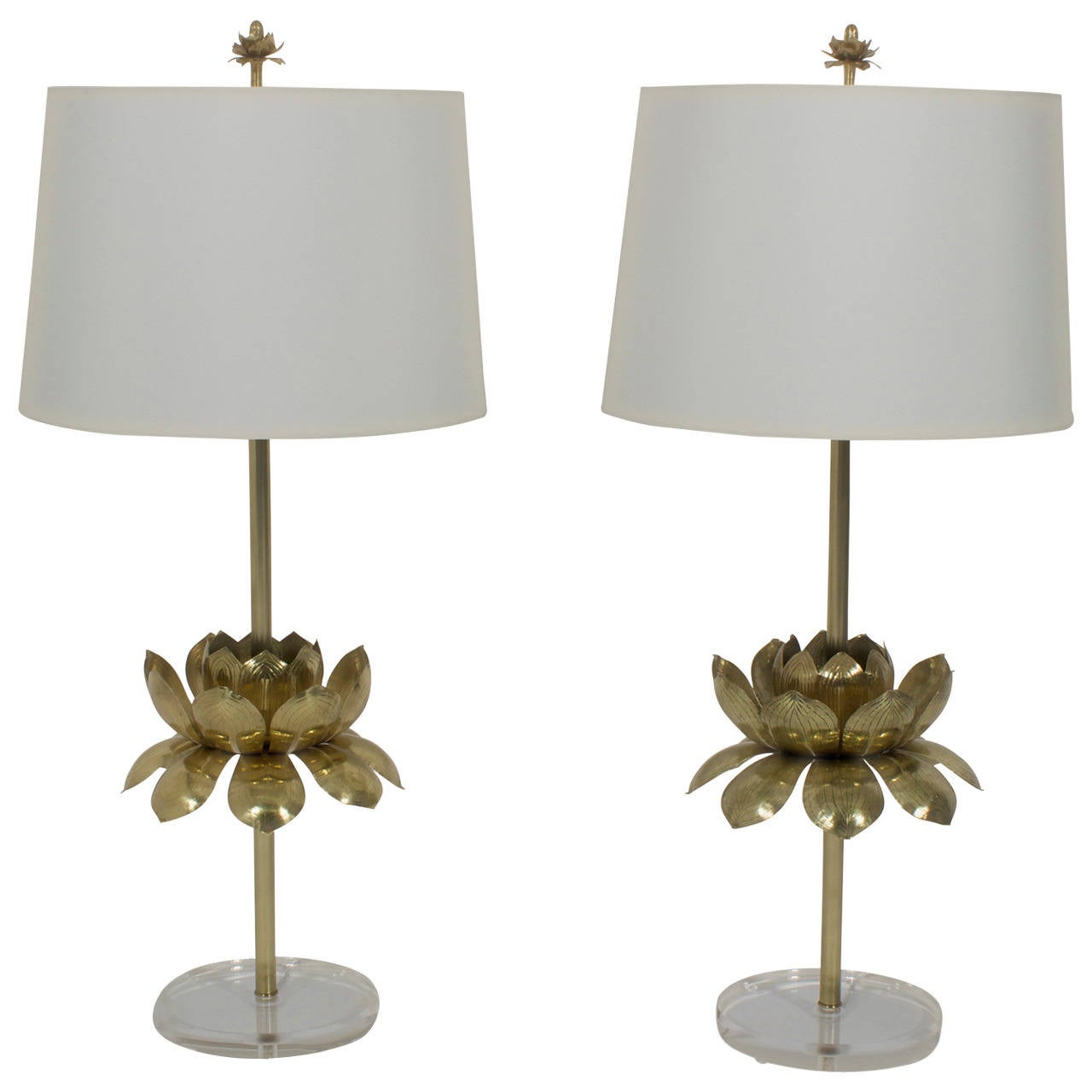 Pair of Etched Brass Lotus Flower Table Lamps, in the Manner of Feldman