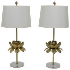 Vintage Pair of Etched Brass Lotus Flower Table Lamps, in the Manner of Feldman