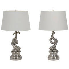 Pair of Silvered Metal Dolphin Table Lamps