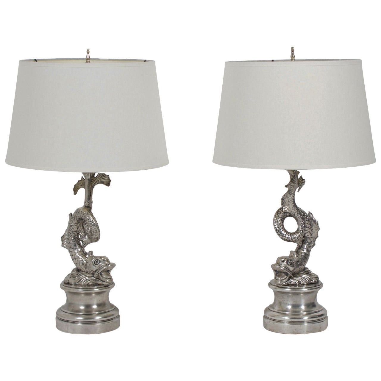Pair of Silvered Metal Dolphin Table Lamps