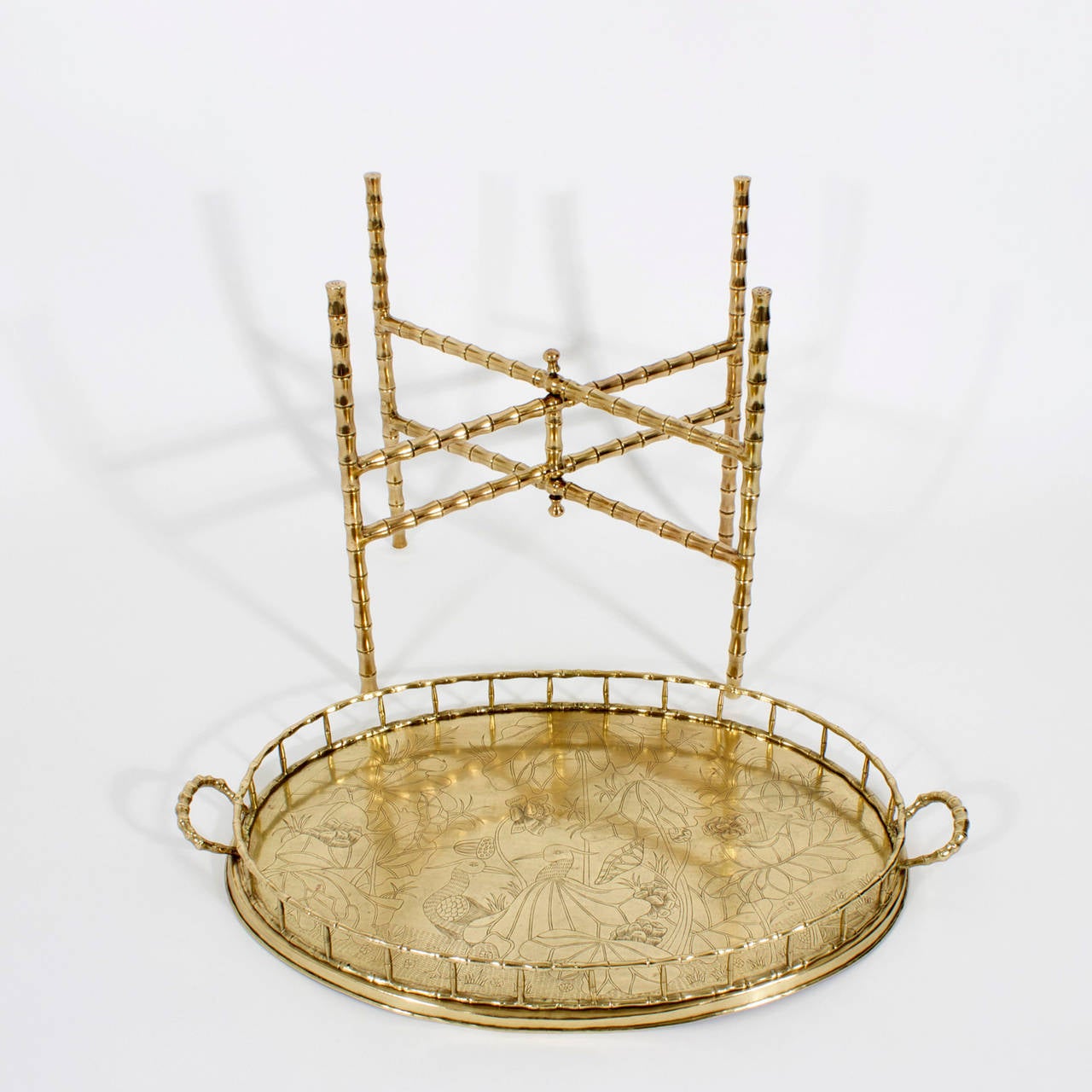 20th Century Faux Bamboo Brass Tray Table with Folding Base.