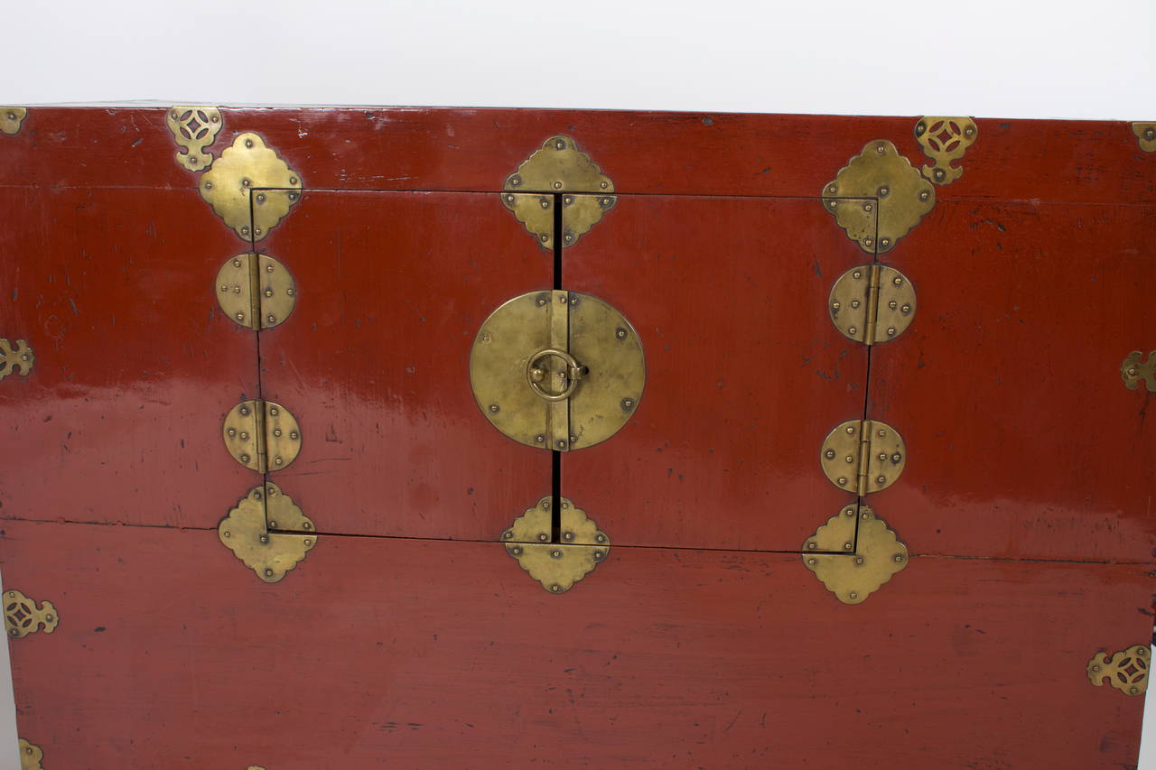 20th Century Pair of Chinese Red Chests or Night Stands with Brass Accents