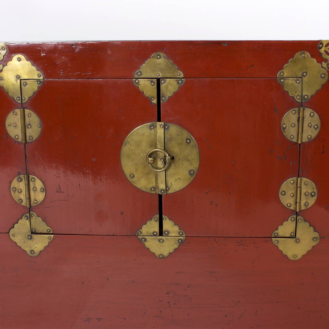 Pair of Chinese Red Chests or Night Stands with Brass Accents 1