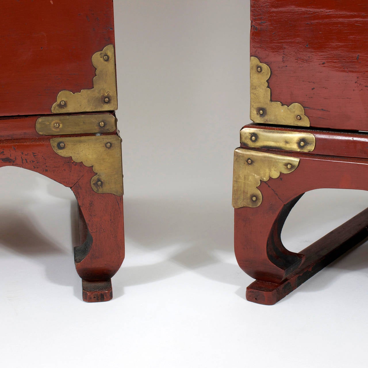Pair of Chinese Red Chests or Night Stands with Brass Accents 3
