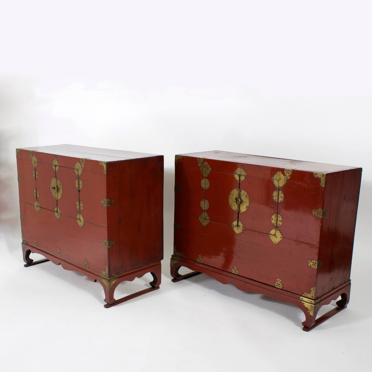 Chinese Chippendale Pair of Chinese Red Chests or Night Stands with Brass Accents
