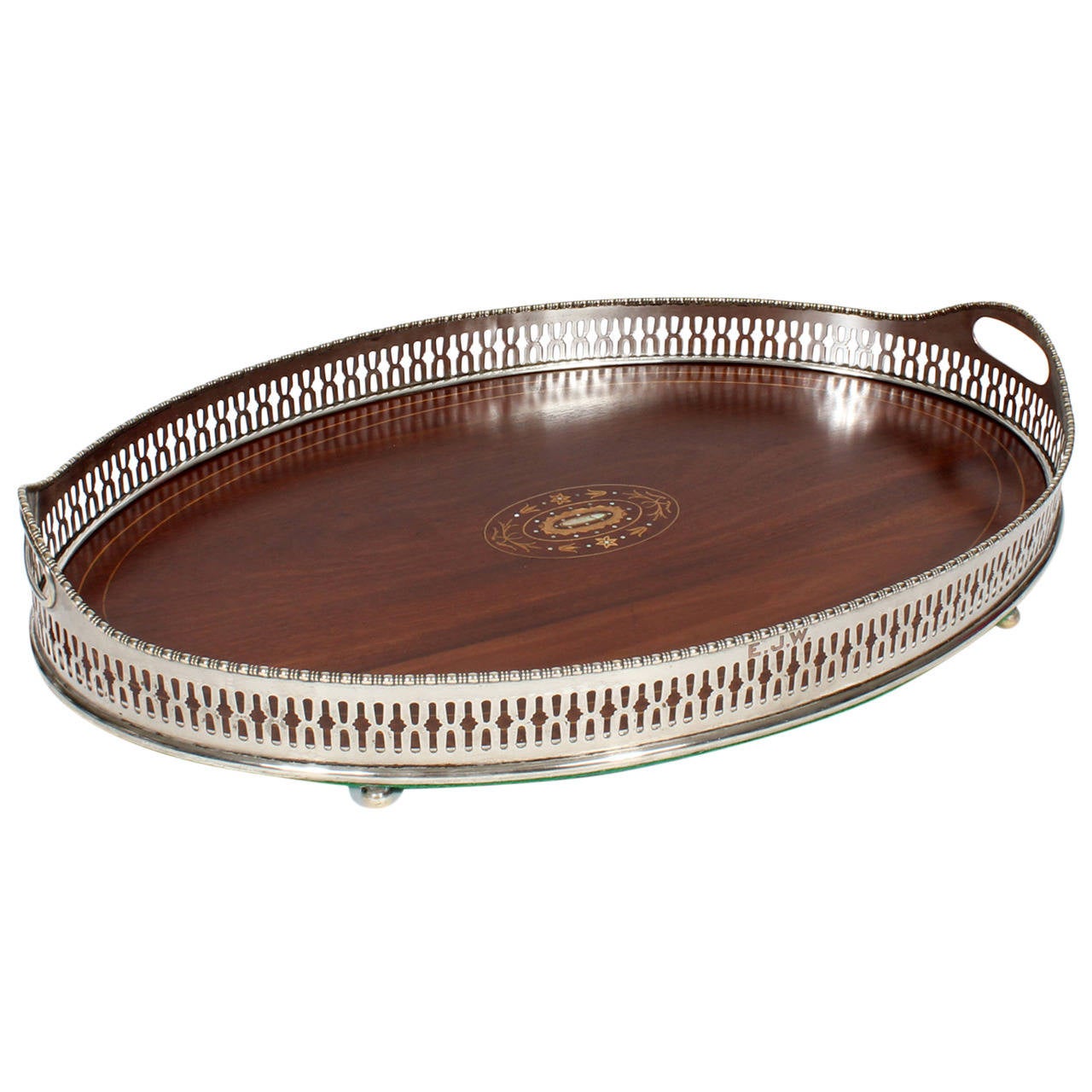 Large Mahogany Oval Serving Tray with Reticulated Gallery For Sale at
