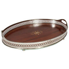 Large Mahogany Oval Serving Tray with Reticulated Gallery 9