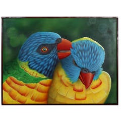 Vintage Large Surreal Tropical Parrot Painting