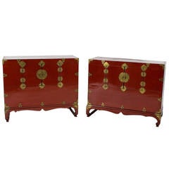 Pair of Chinese Red Chests or Night Stands with Brass Accents