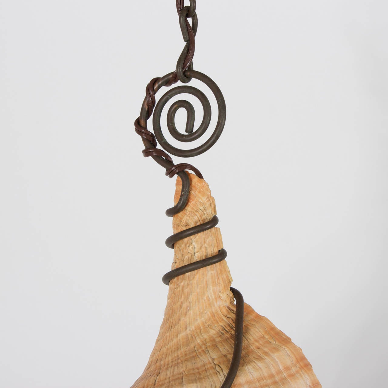 Organic Modern Seashell Pendant Light with Spiraling Iron Frame