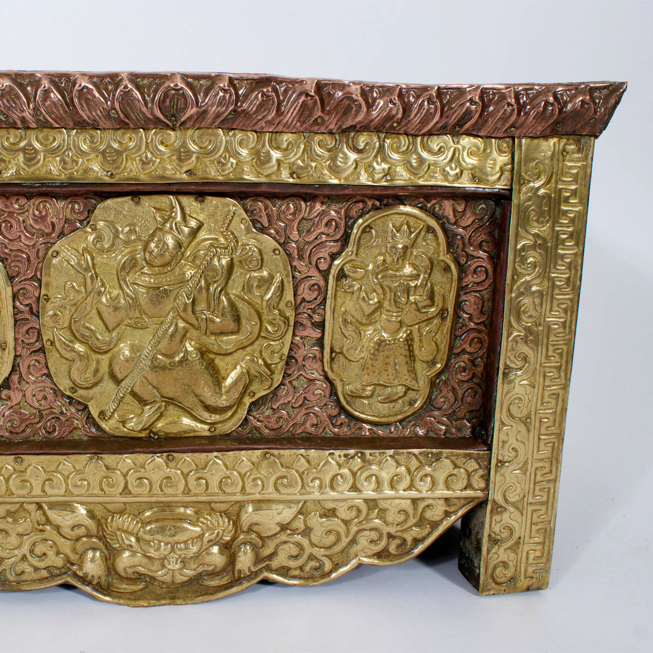 Brass and Copper Indian Repousse Faux Box In Excellent Condition In Palm Beach, FL