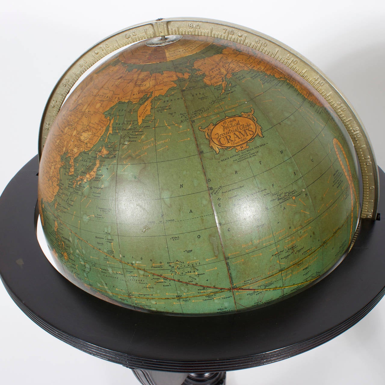 Rare Pair of Vintage Scholastic Globes in Ebonized Stands In Excellent Condition In Palm Beach, FL