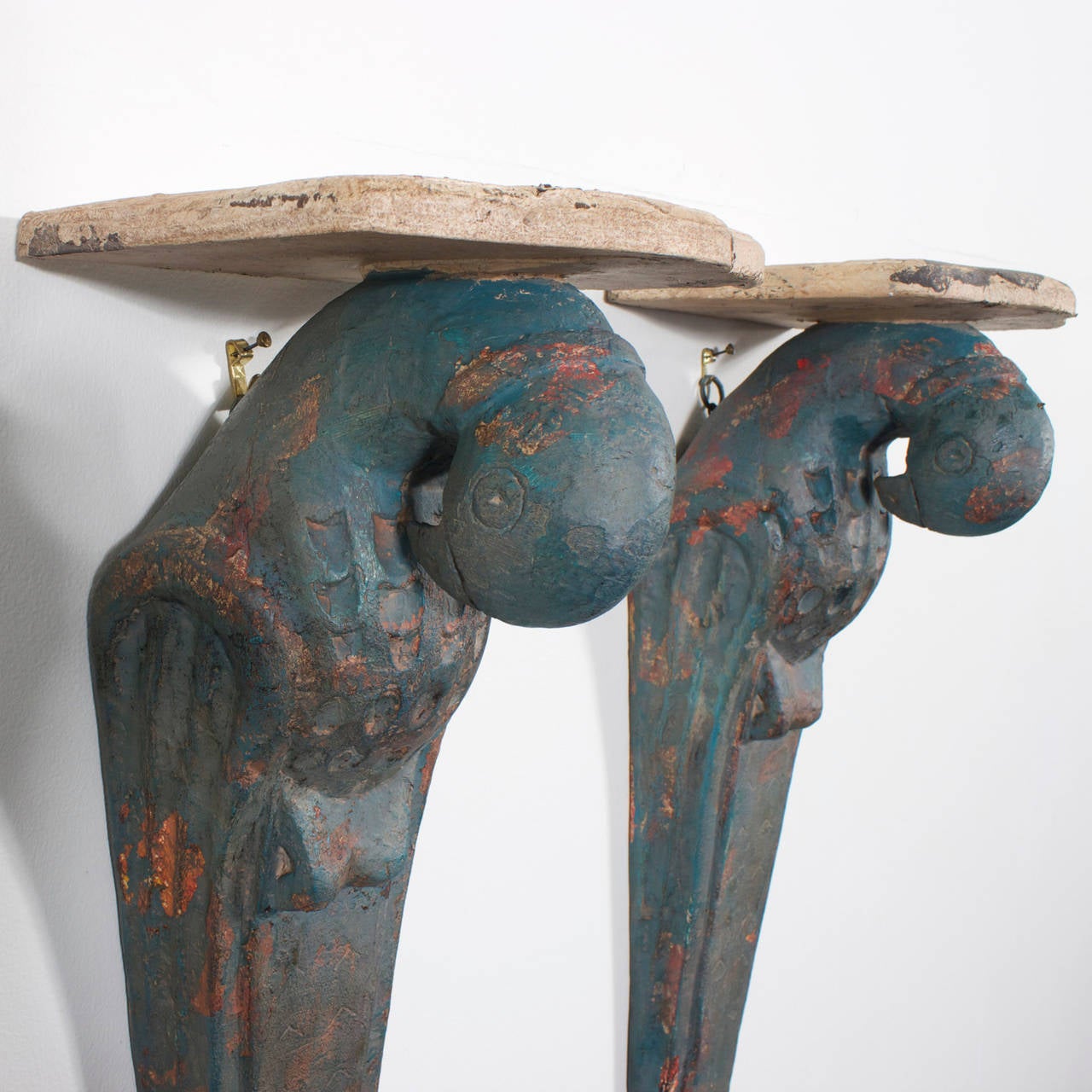 20th Century Pair of Paint Distressed Parrot Wall Brackets