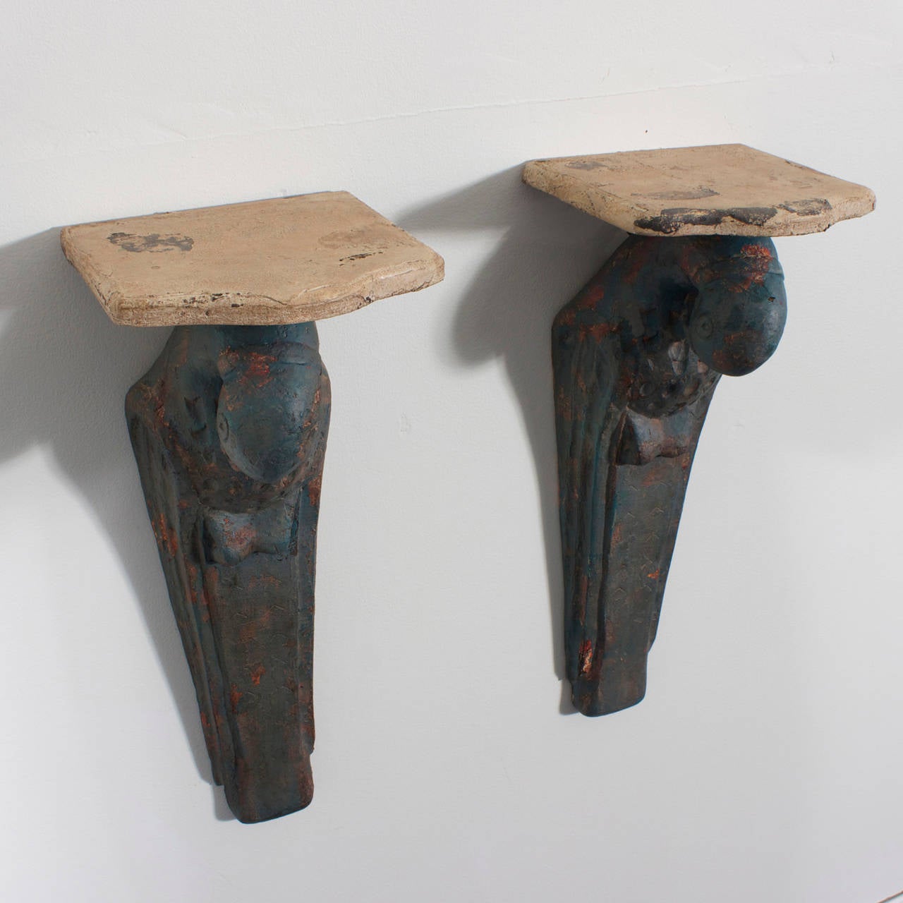 Indian Pair of Paint Distressed Parrot Wall Brackets