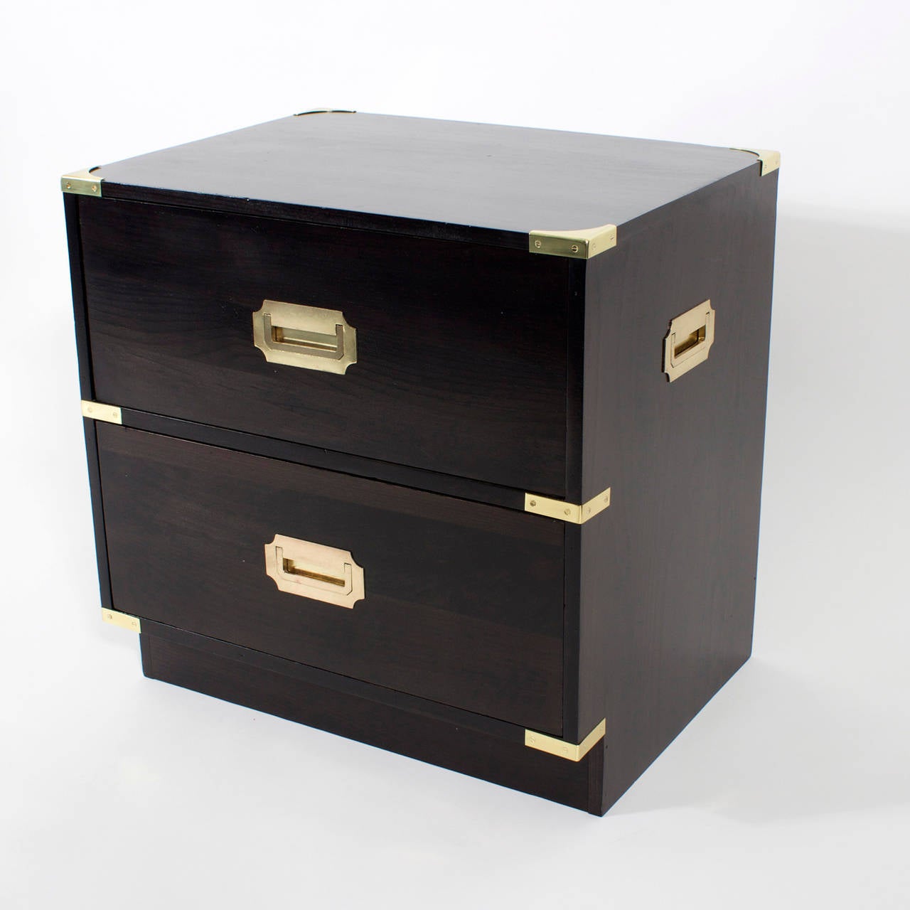 Pair of 2 Drawer Ebonized Campaign Style Nightstands In Excellent Condition In Palm Beach, FL