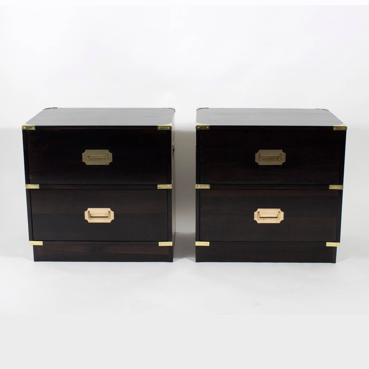 American Pair of 2 Drawer Ebonized Campaign Style Nightstands