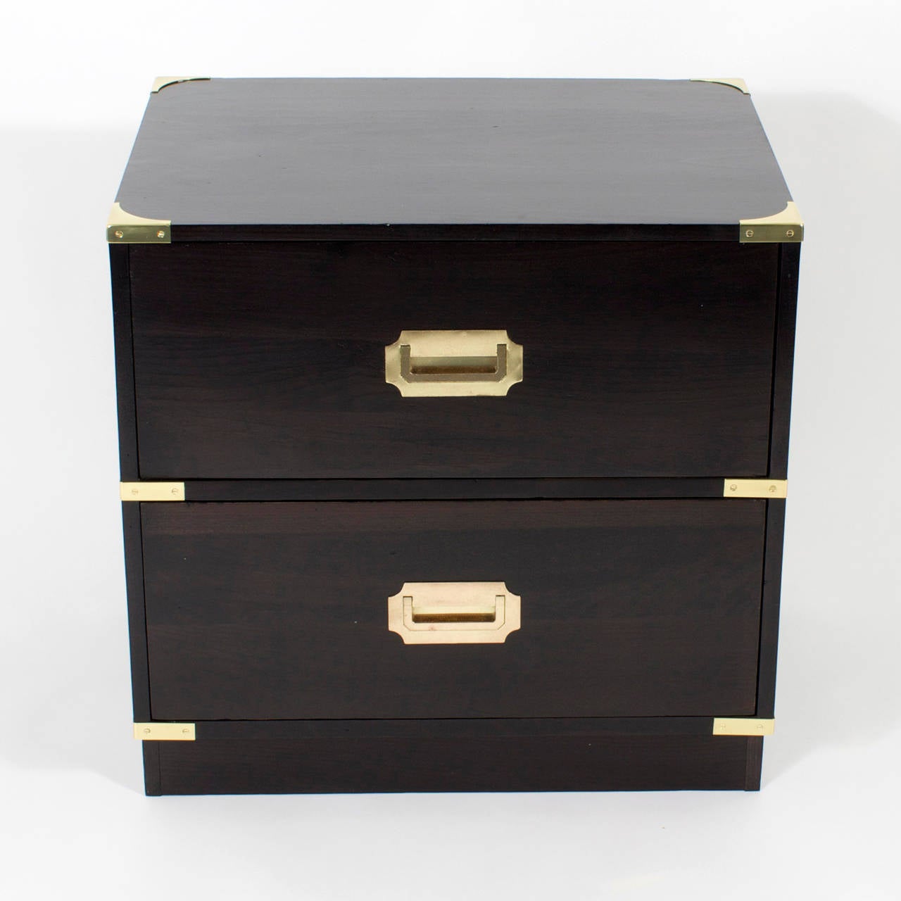 20th Century Pair of 2 Drawer Ebonized Campaign Style Nightstands