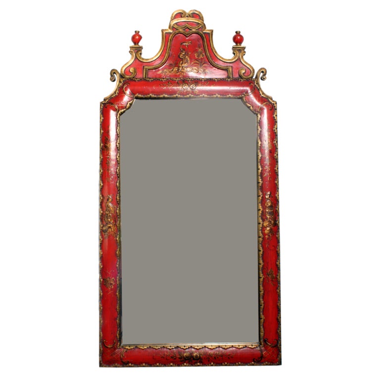 Painted Red Chinoiserie Style Mirror For Sale at 1stdibs